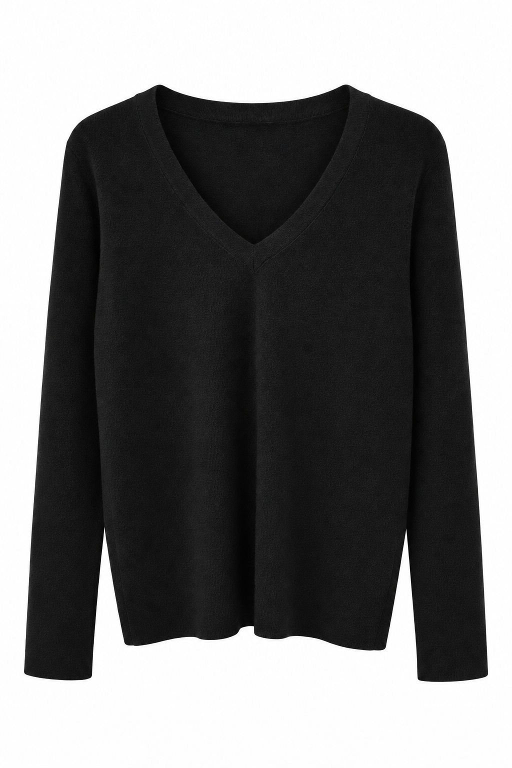 Black V-neck fine knit sweater on a white background