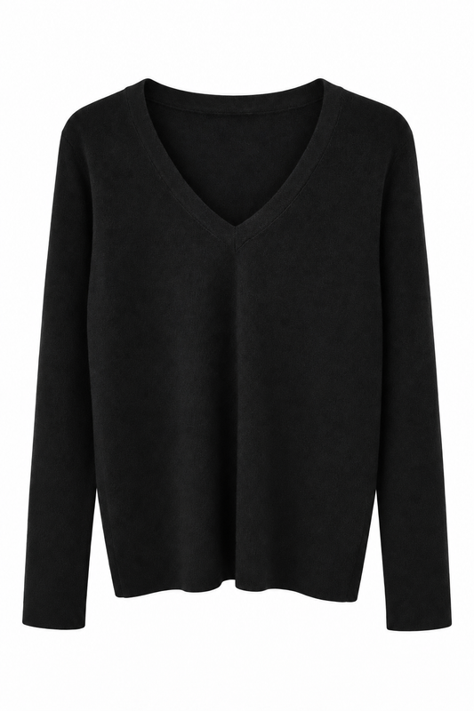 Black V-neck fine knit sweater on a white background