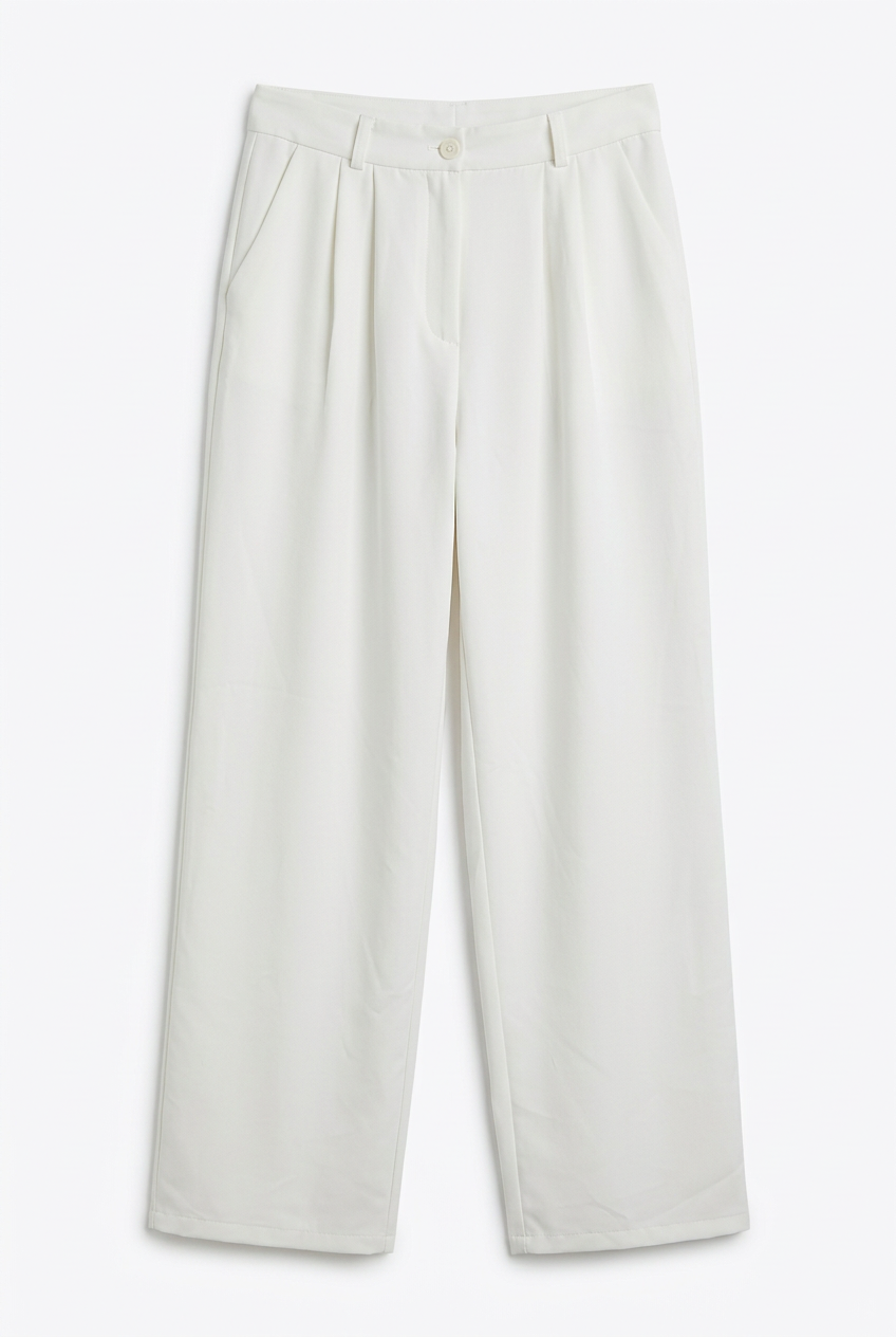 White wide-leg trousers with matching waistband button