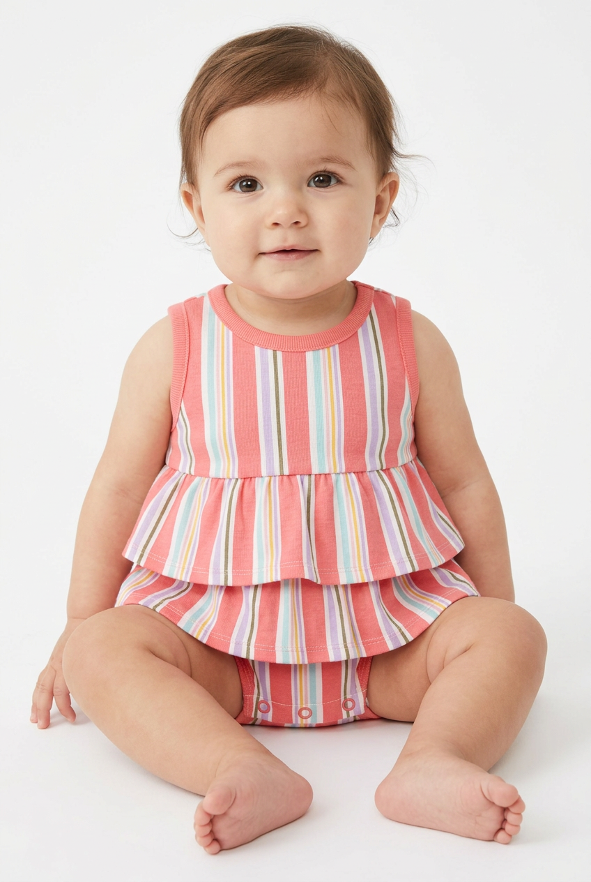 Baby girl wearing coral striped ruffle romper
