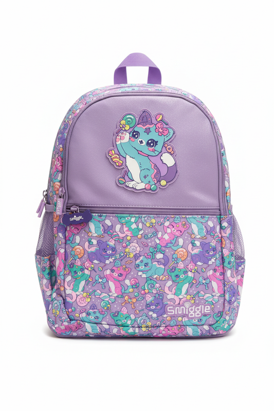 Smiggle Candy Cat kids backpack on white background
