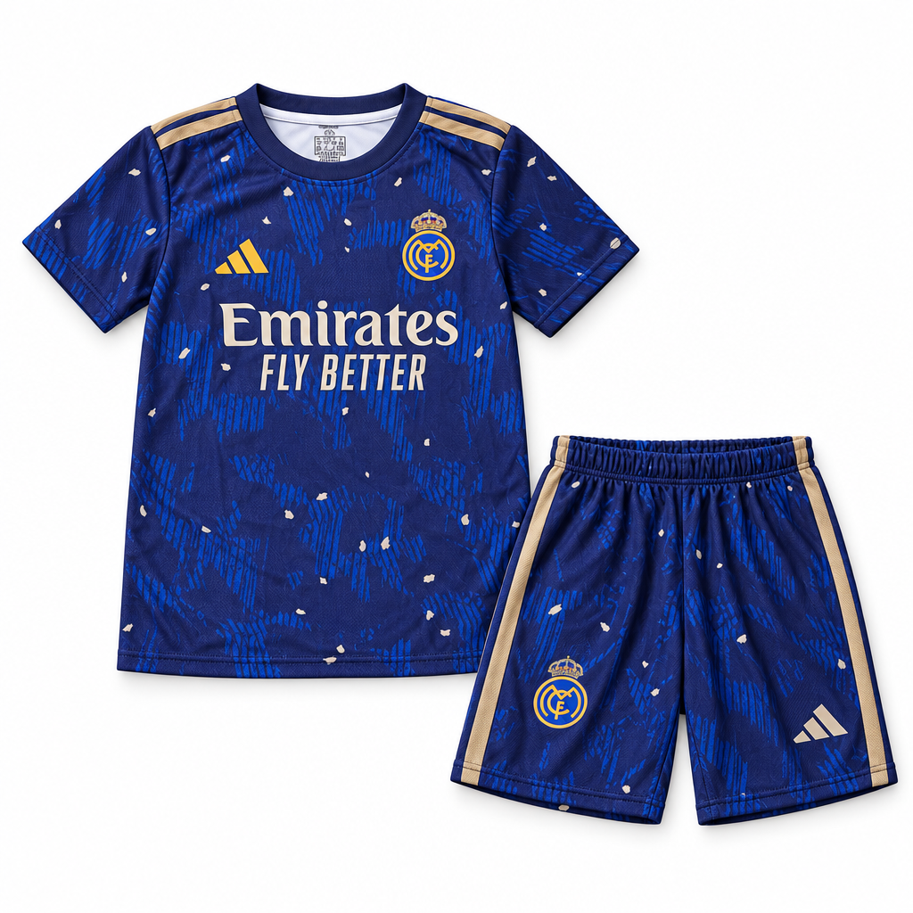 Navy blue and gold youth football jersey with matching shorts on a white studio background