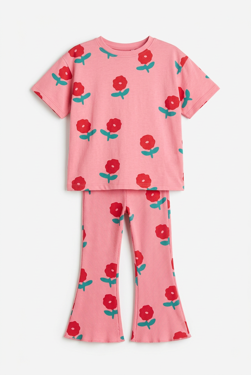 Pink floral top and flared leggings set on white background