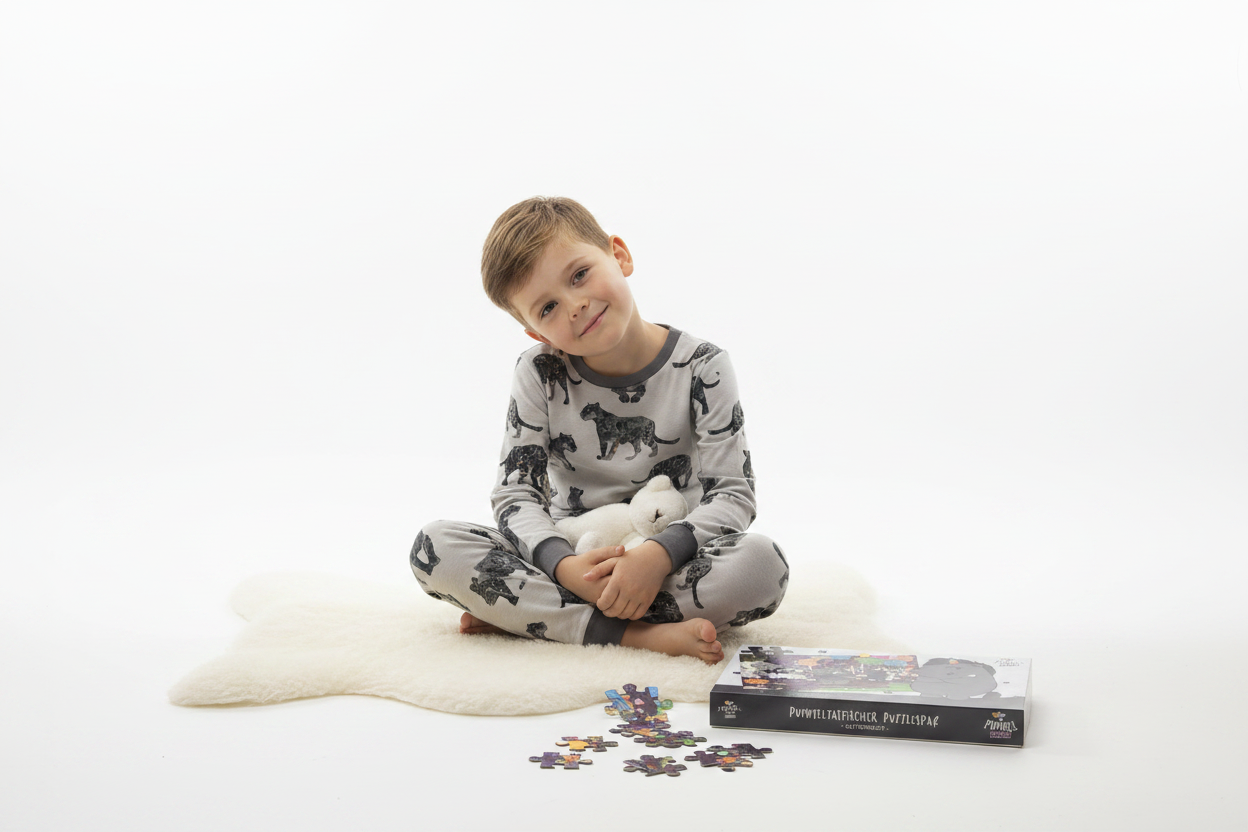 Boy wearing light grey panther print pajama set with grey trim