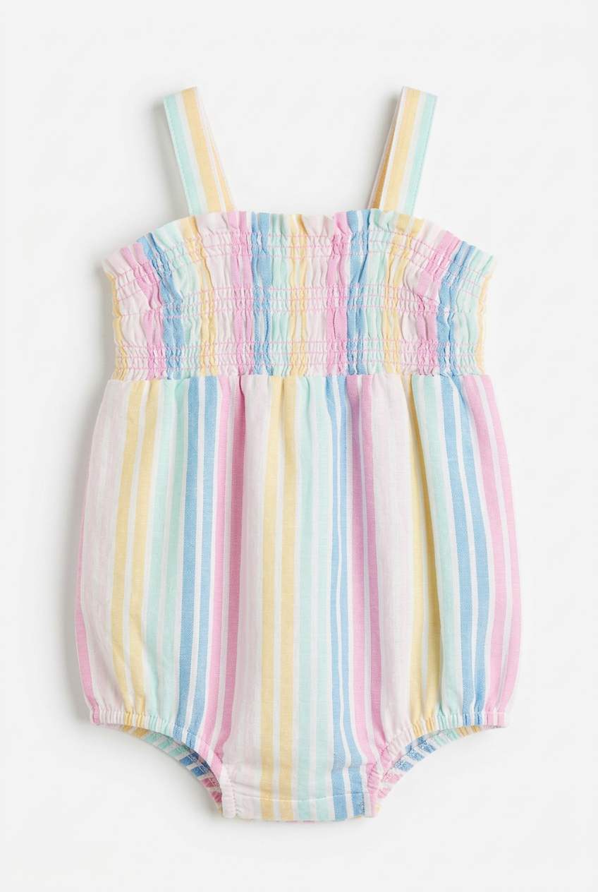 Pastel striped smocked romper on white background