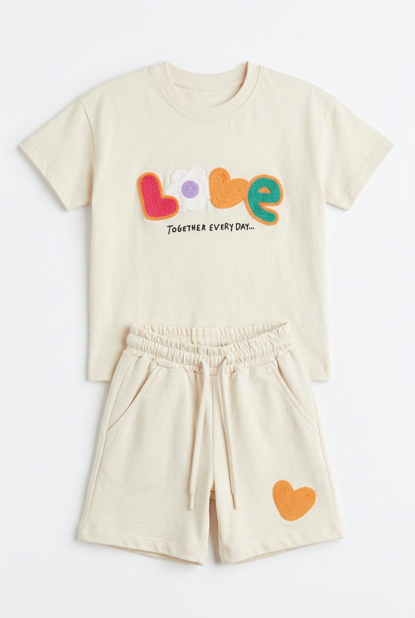 Cream LOVE top and shorts set flat lay on white background