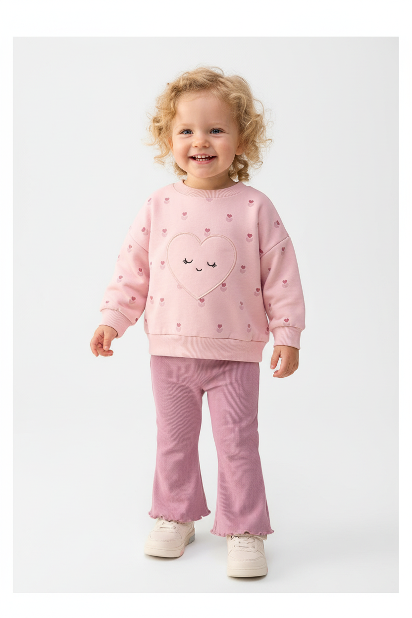 Baby girls pink heart sweatshirt and mauve flare pants set on white background