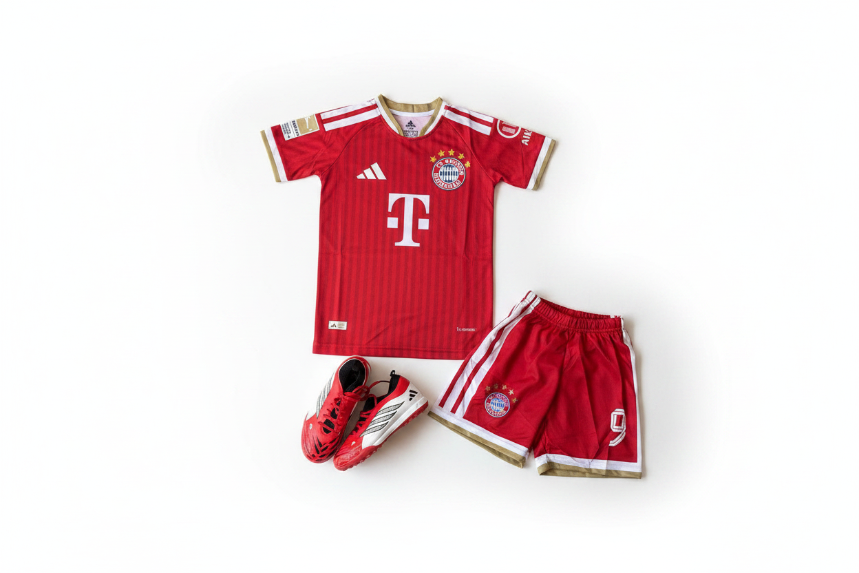 FC Bayern München kids red football kit jersey and shorts product shot