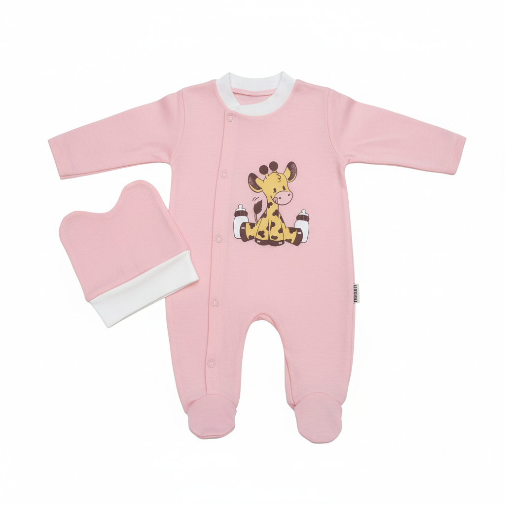 Pink baby giraffe sleepsuit with matching hat on white background