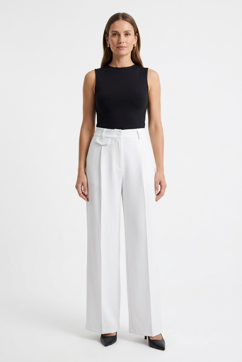 Model wearing white wide-leg trousers with a fitted black top and heels