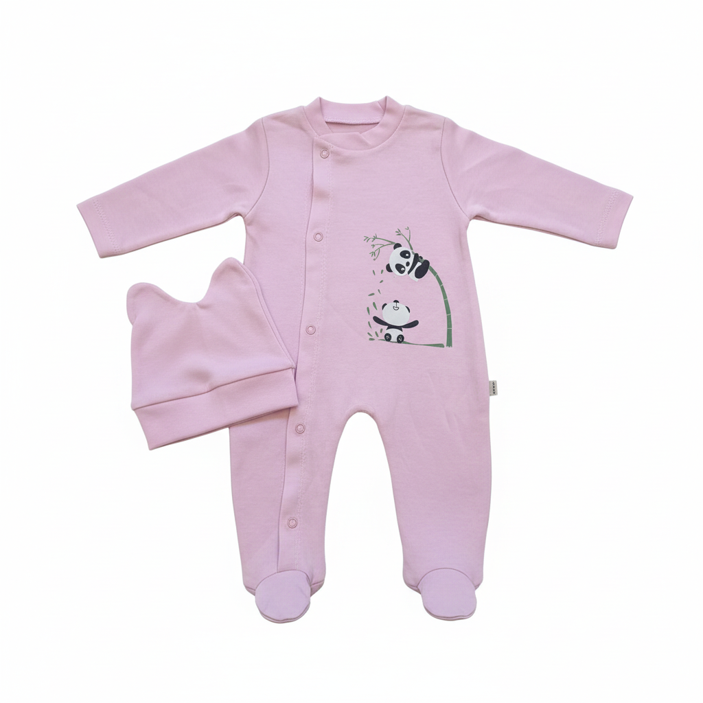 Light pink baby panda sleepsuit with matching hat on white background