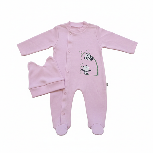 Light pink baby panda sleepsuit with matching hat on white background