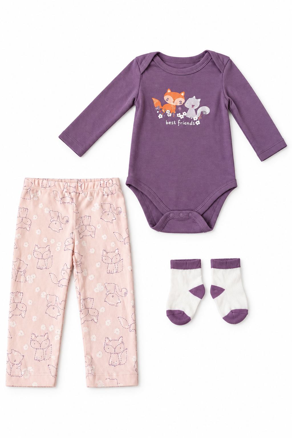 Purple best friends baby bodysuit with pink printed pants and white-purple socks