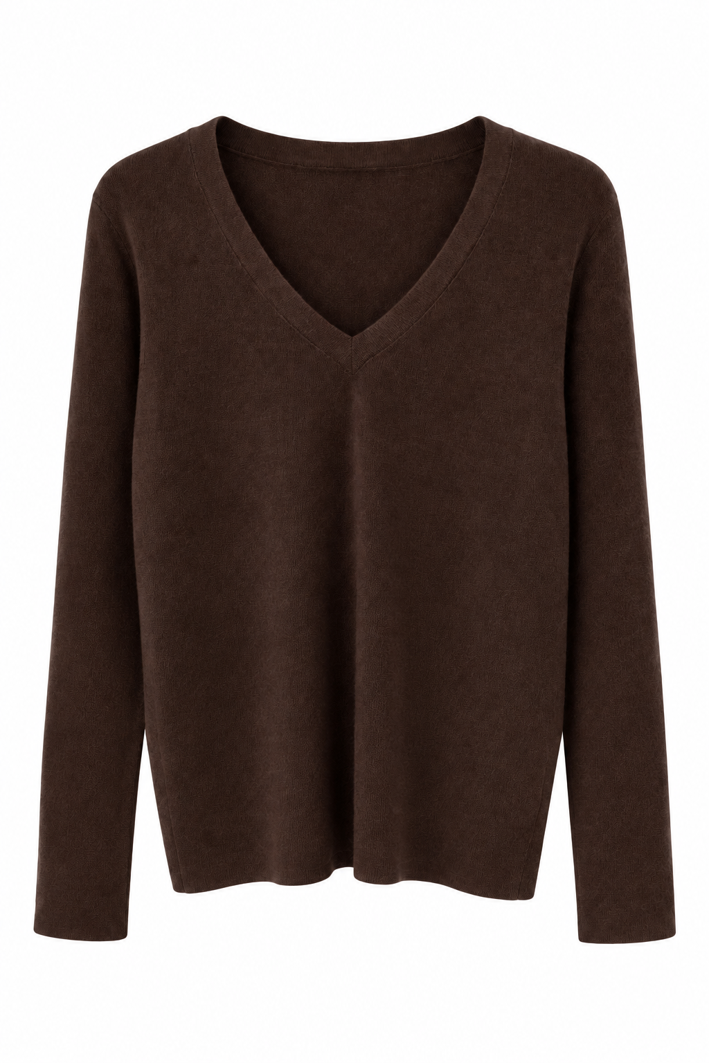 Chocolate brown V-neck fine knit sweater on a white background