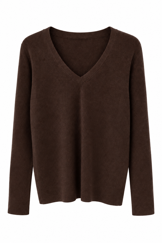 Chocolate brown V-neck fine knit sweater on a white background