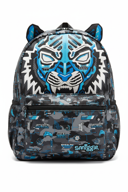 Smiggle Cyber Tiger kids backpack on white background
