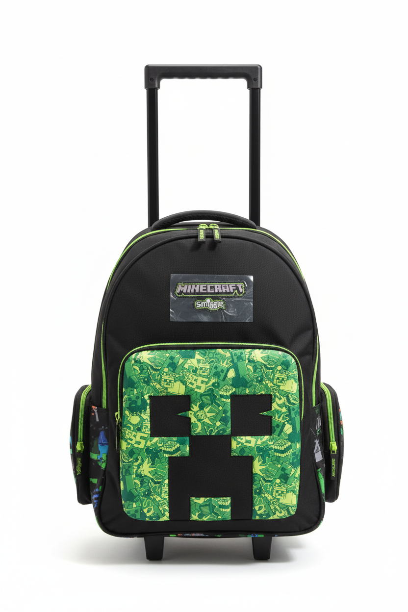 Minecraft x Smiggle kids trolley backpack on white background