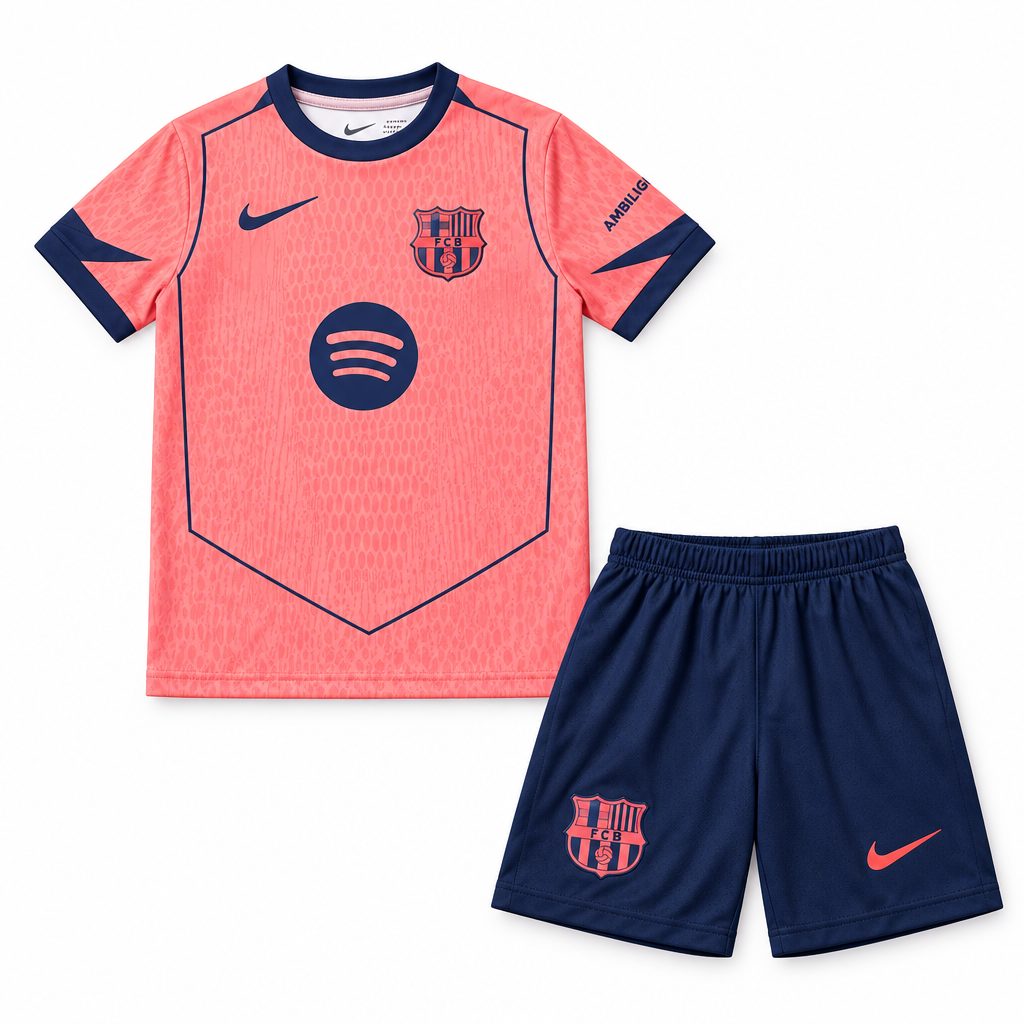 Coral pink youth football jersey with matching navy shorts on a white studio background