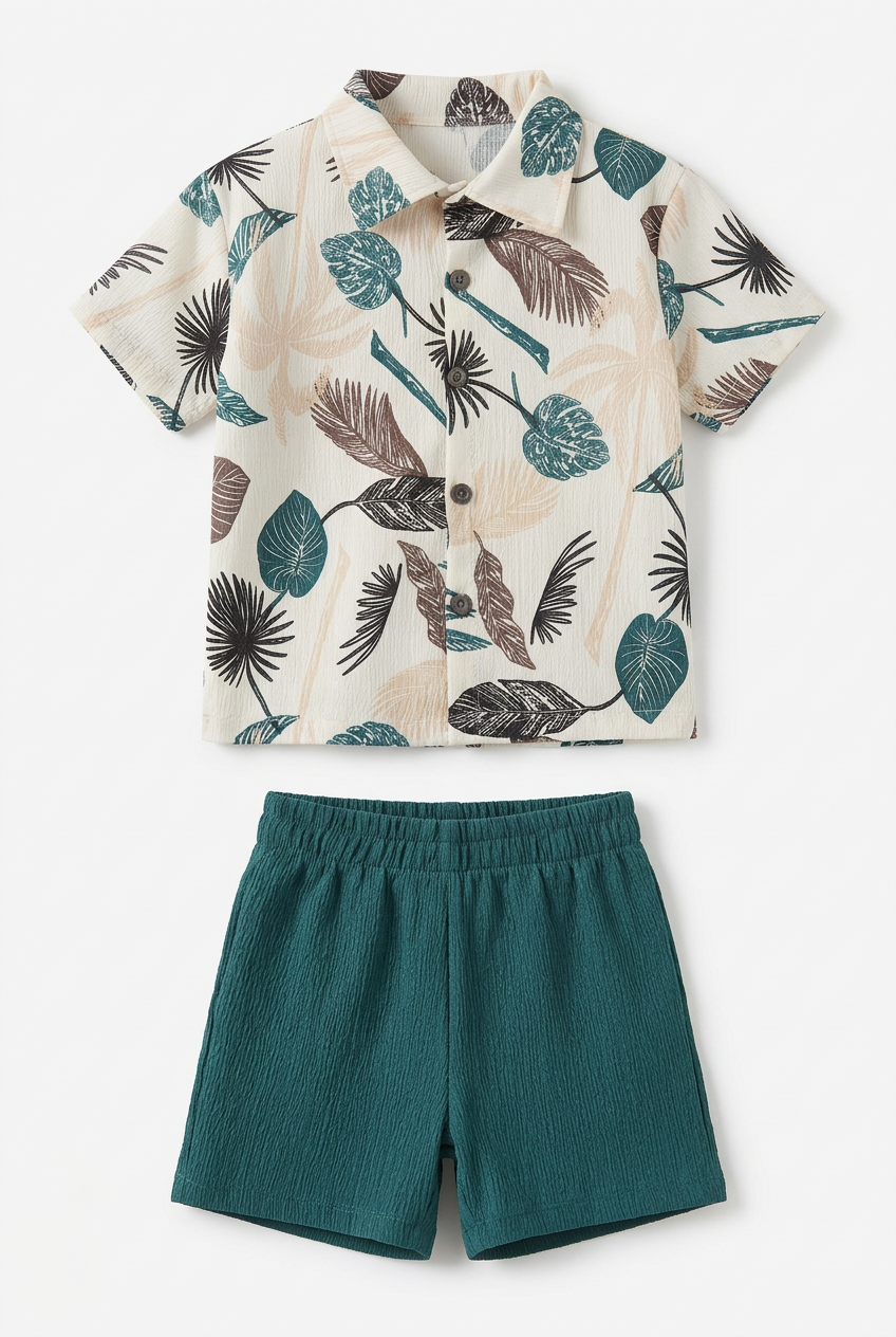 Botanical shirt and textured teal shorts set flat lay on white