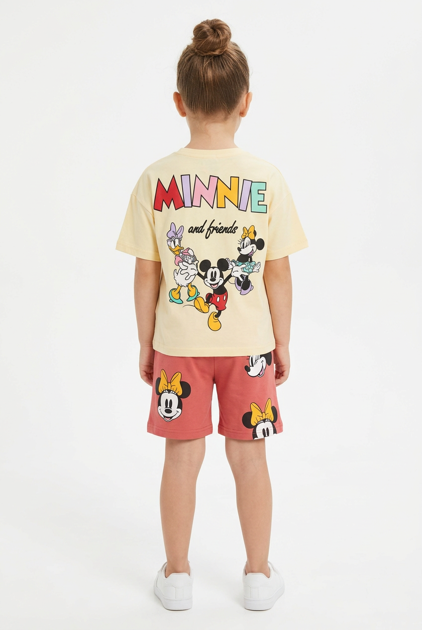 Back model view of yellow Minnie and friends top and red shorts