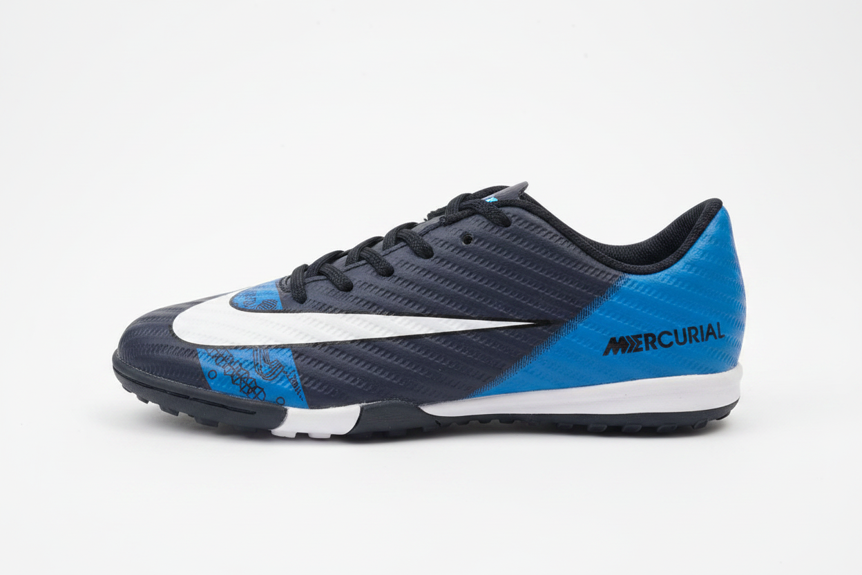 Nike Mercurial navy and blue kids turf football shoes product shot