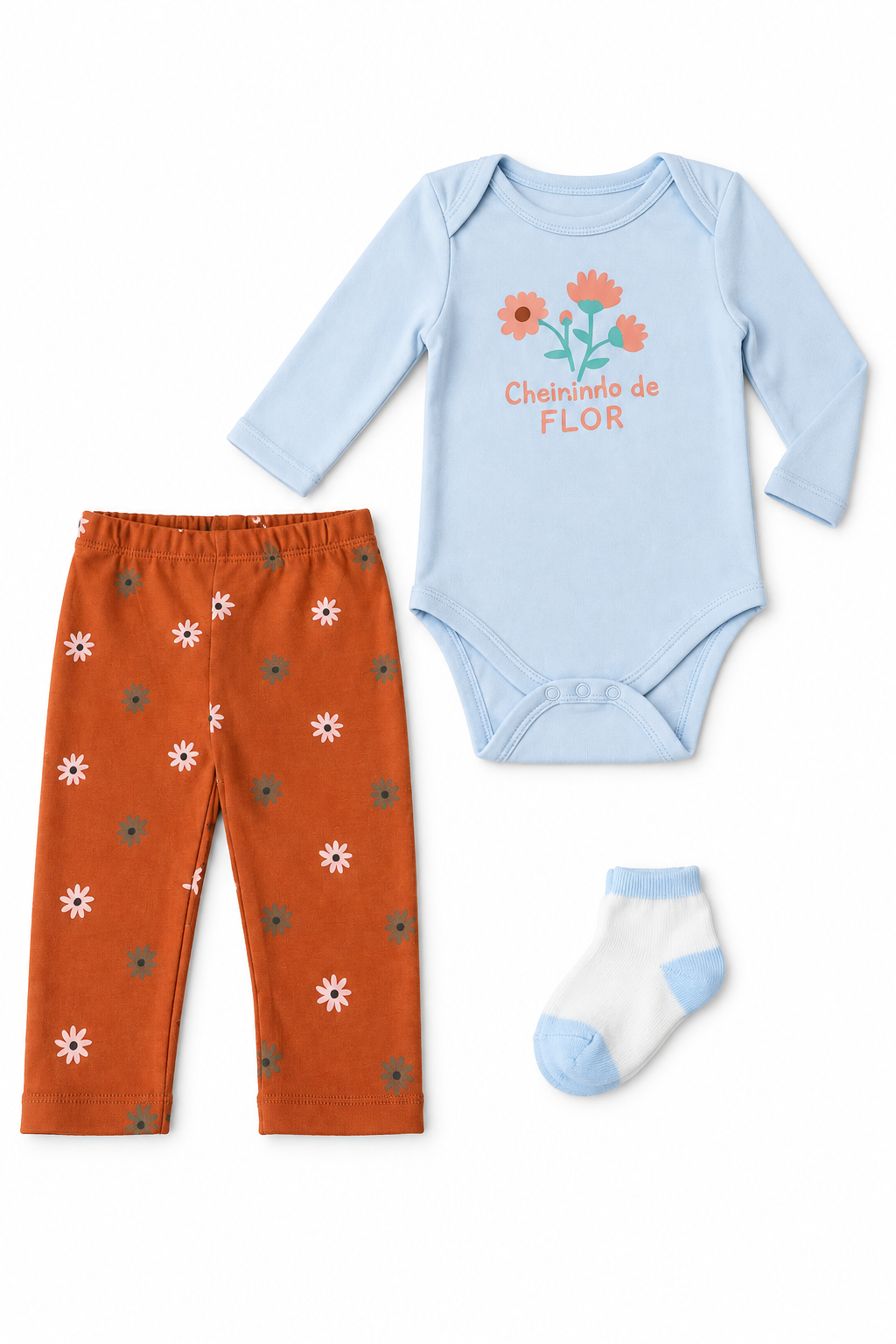Blue floral baby bodysuit with rust floral pants and matching sock