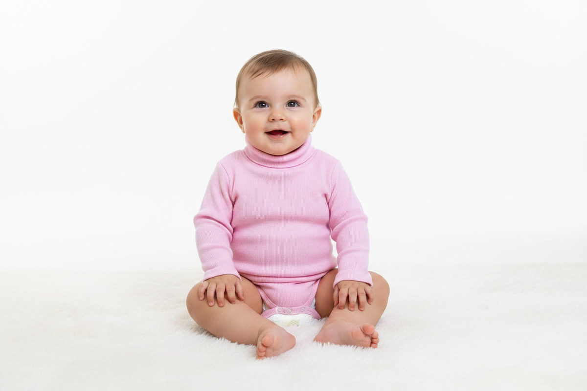 Baby wearing pink wool ribbed turtleneck bodysuit
