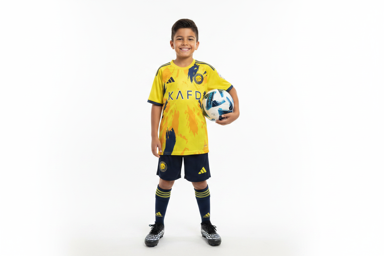 Boy wearing Al-Nassr kids football kit yellow KAFD jersey and navy shorts