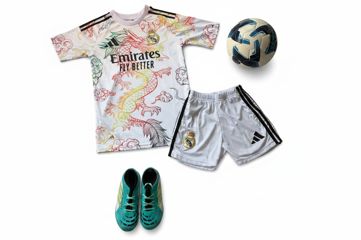 Real Madrid white dragon kids football kit product shot