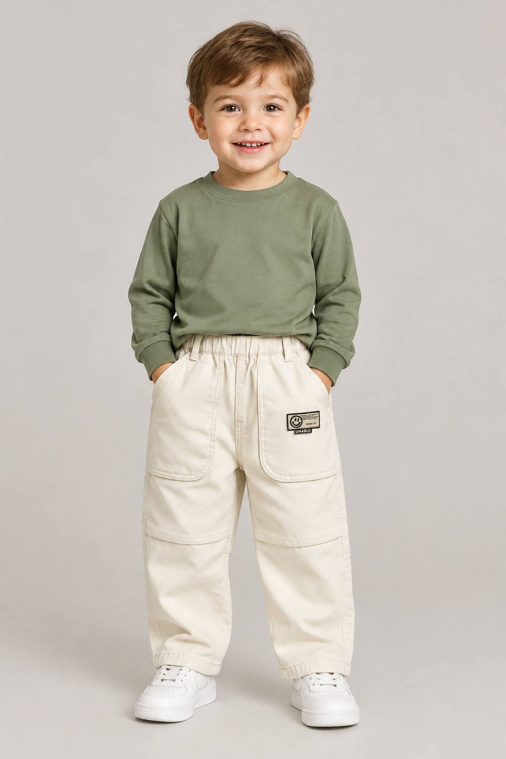 Toddler boy modelling cream elastic-waist pocket pants
