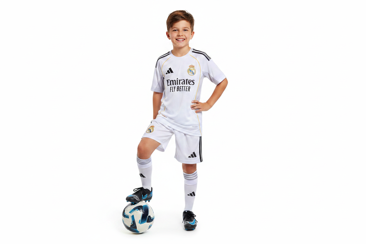 Boy wearing Real Madrid kids home football kit white jersey and shorts
