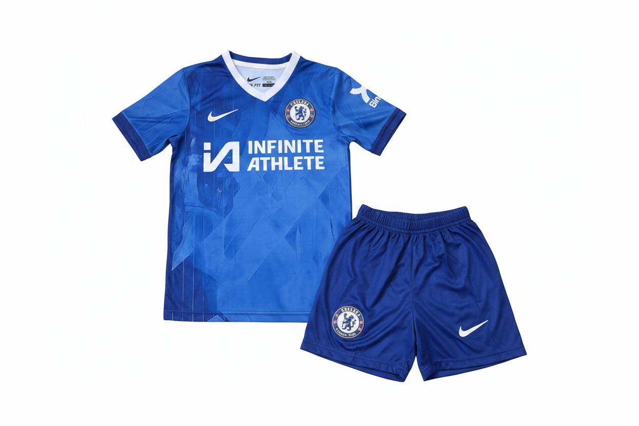 Chelsea FC kids football kit royal blue jersey and shorts product shot