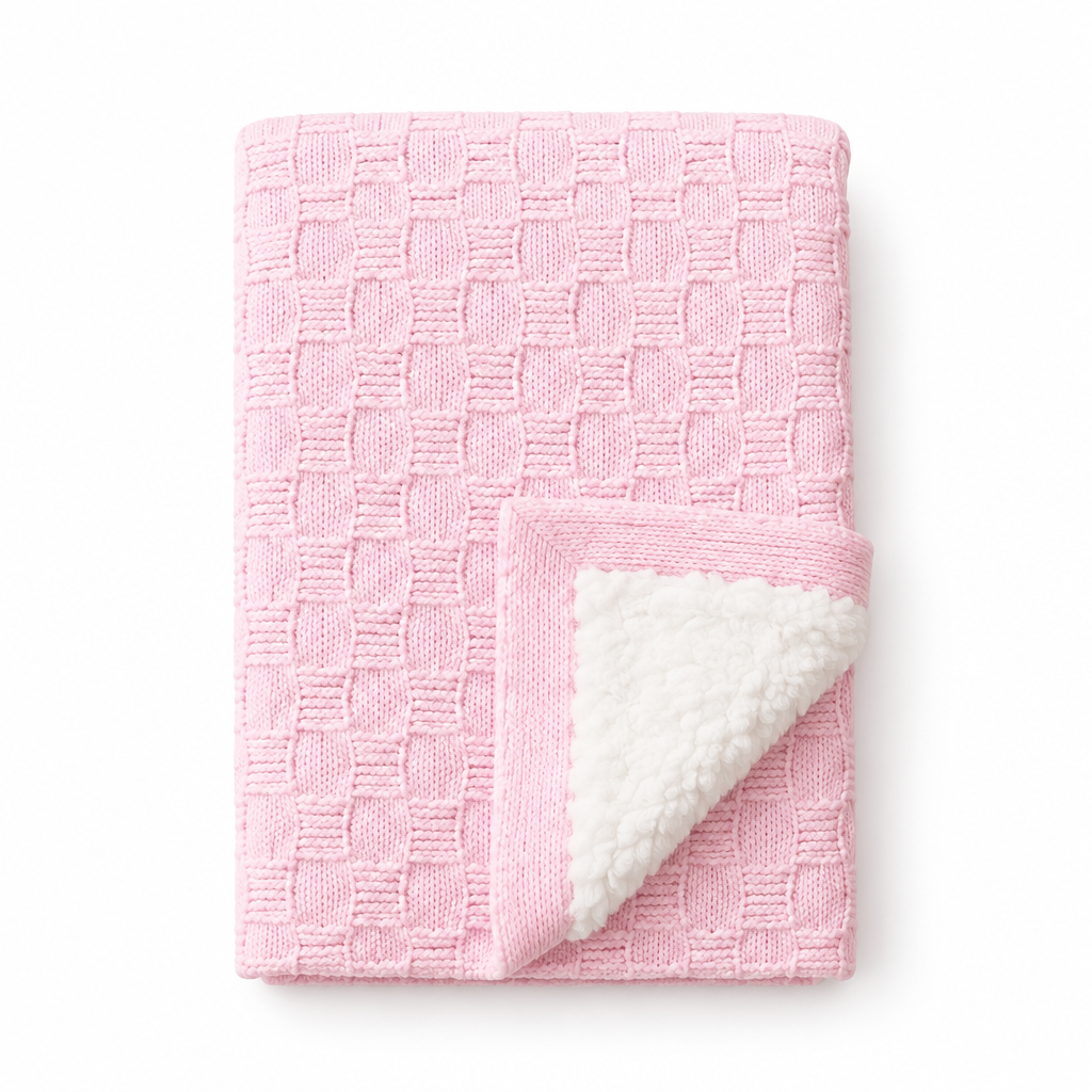 Pink textured knit baby blanket with white plush lining