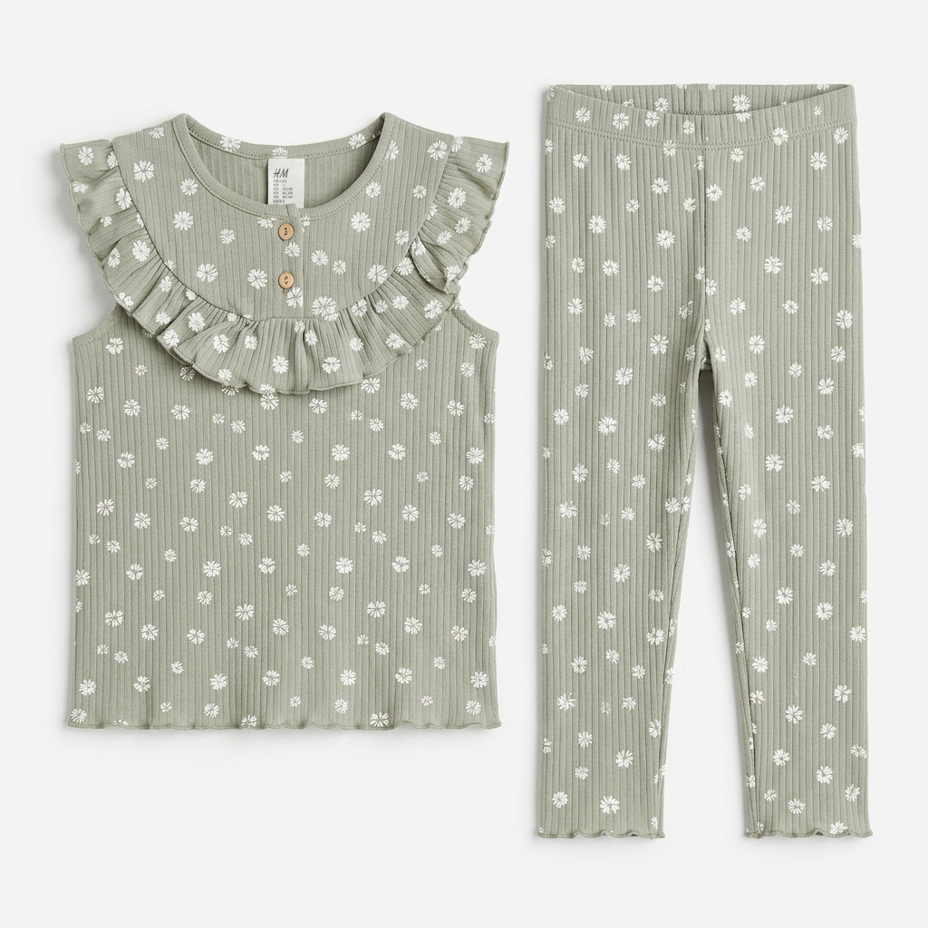 Studio photo of sage-green daisy ruffle top and matching pants