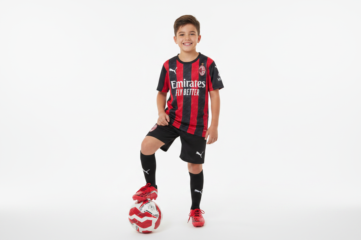 Boy wearing AC Milan kids football kit red and black stripes jersey and black shorts