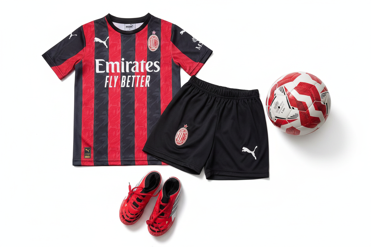 AC Milan kids football kit red black stripes jersey and black shorts product shot