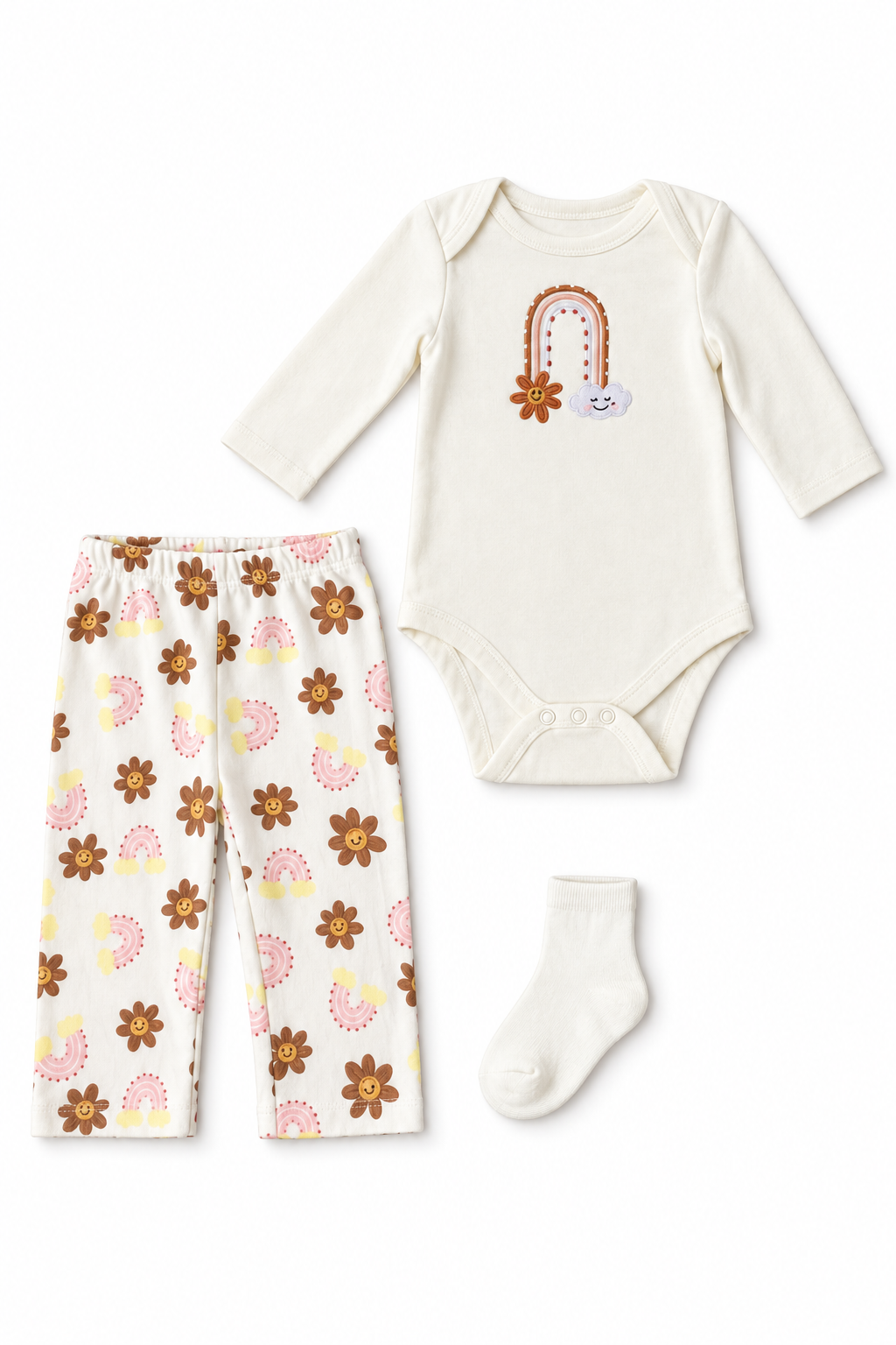 Ivory rainbow baby bodysuit with floral pants and white sock