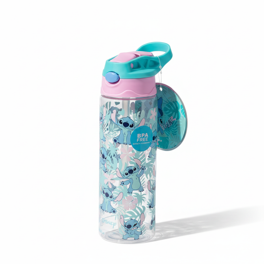 Disney Stitch kids water bottle front angle with teal lid and tropical print on white background