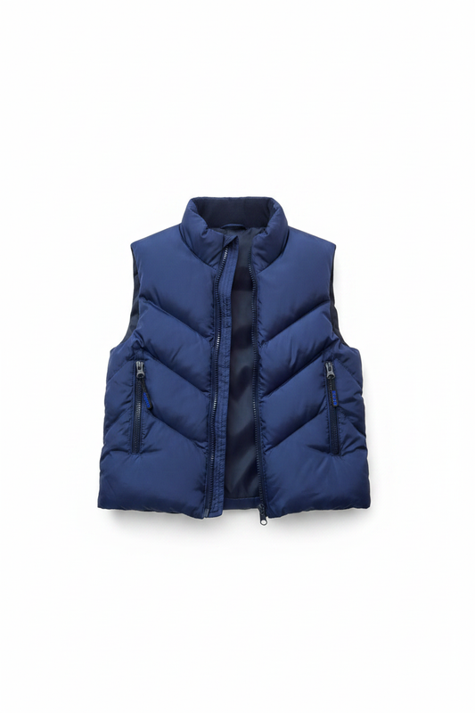 Kids navy quilted puffer vest on white background