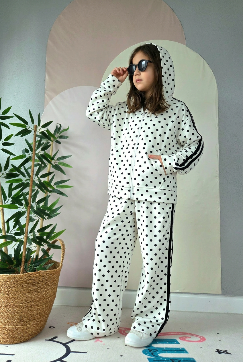 Girls’ white and black polka-dot hooded tracksuit, front view