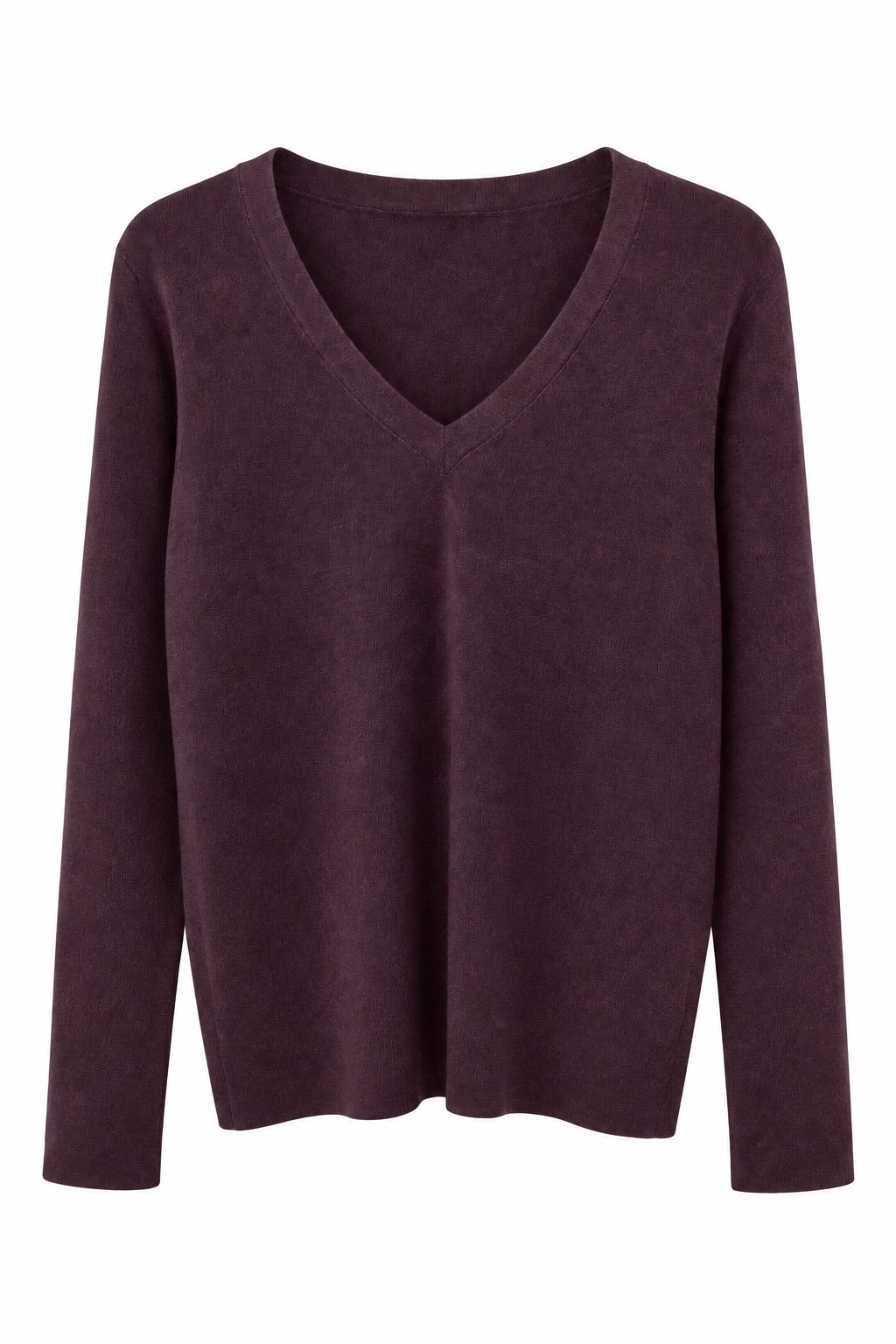 Deep plum V-neck fine knit sweater on a white background