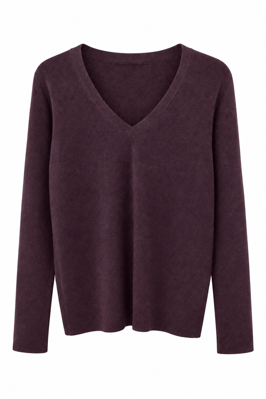 Deep plum V-neck fine knit sweater on a white background