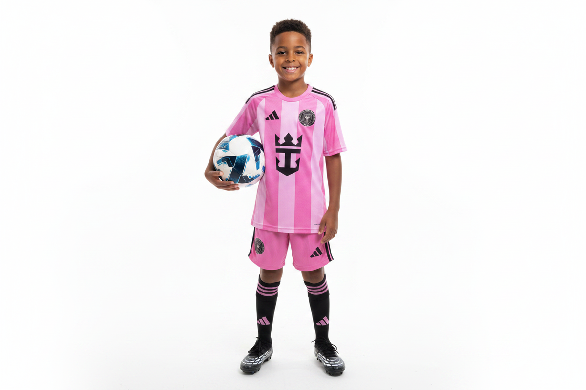 Boy wearing Inter Miami CF kids home football kit pink stripes jersey and pink shorts