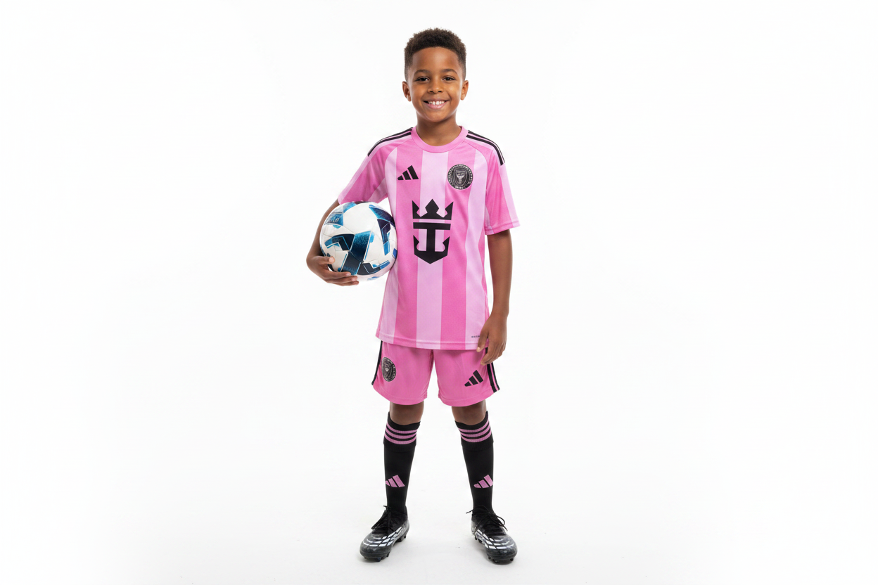 Boy wearing Inter Miami CF kids home football kit pink stripes jersey and pink shorts