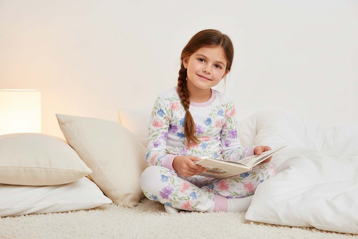 Girl wearing white wild garden watercolor floral print pajama set with lilac trim
