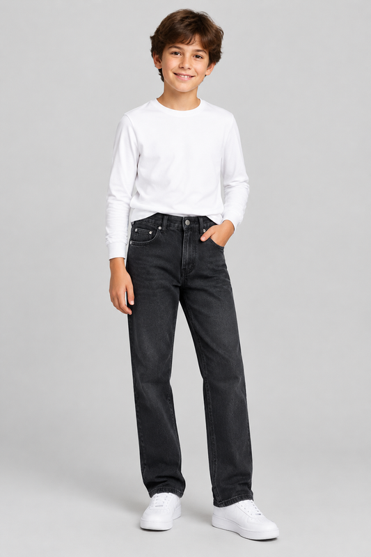 Boy wearing dark charcoal regular-rise jeans
