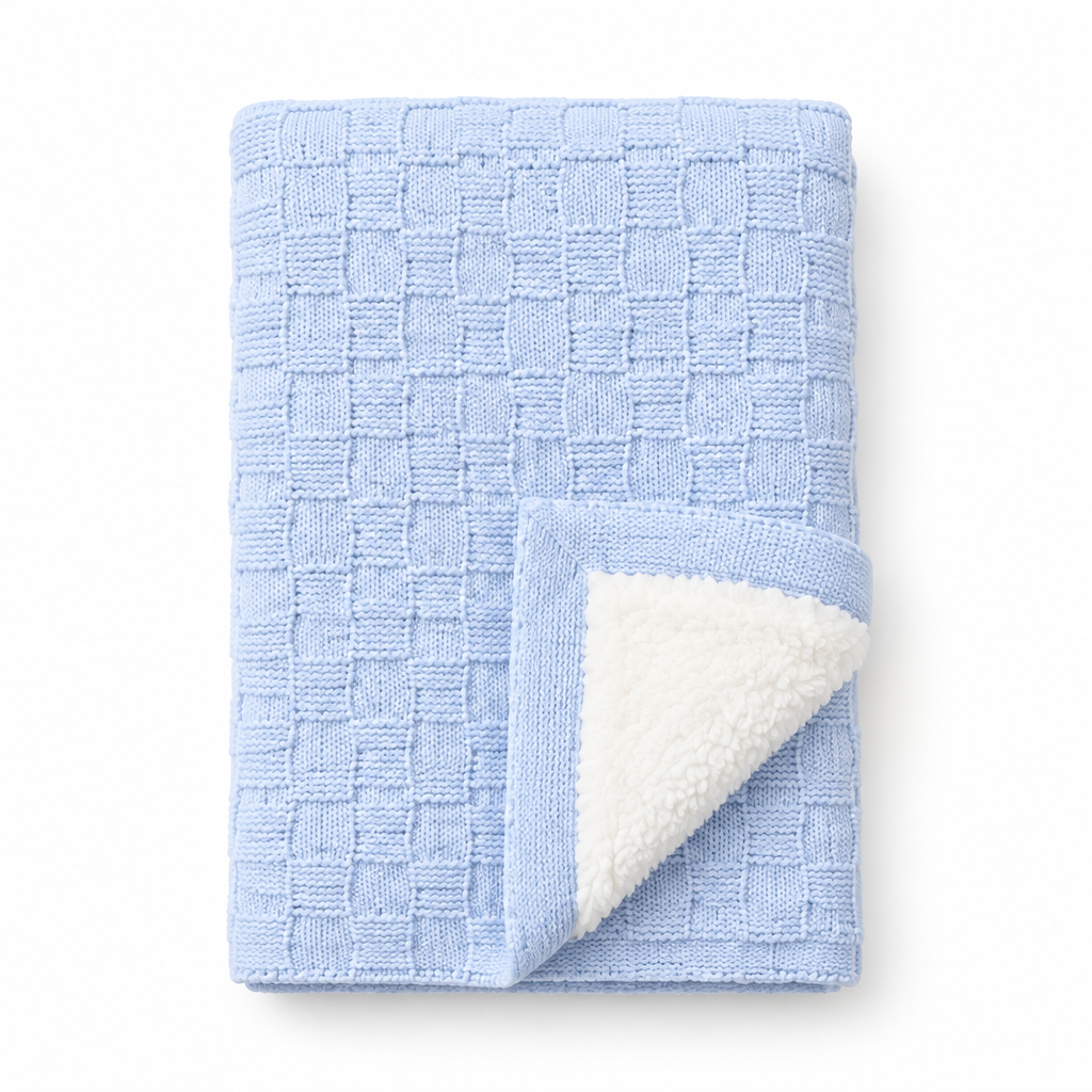 Blue textured knit baby blanket with white plush lining