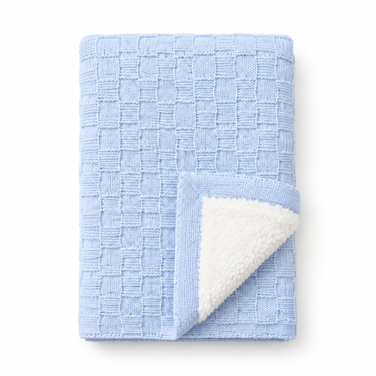 Blue textured knit baby blanket with white plush lining