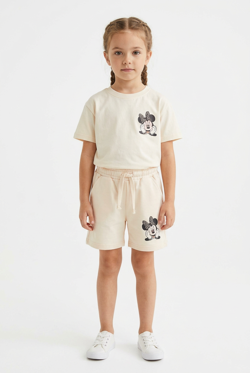 Girl wearing cream Minnie Mouse top and shorts set
