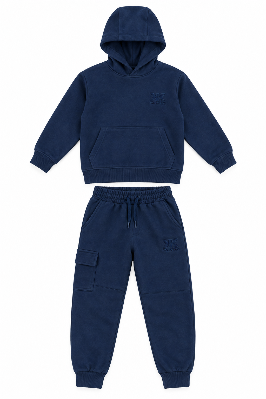 Navy kids fleece hoodie and cargo jogger set on a white background